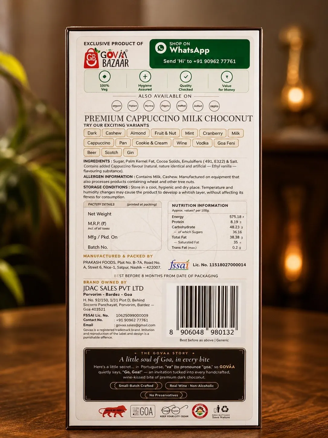 Premium Cappuccino Milk Choconut – back of pack, ingredients and nutrition