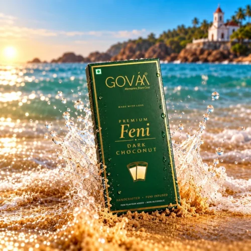 GOVAA Premium Feni Dark Choconut on a Goa beach