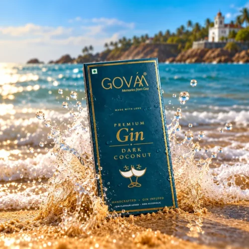 GOVAA Premium Gin Dark Choconut on a Goa beach