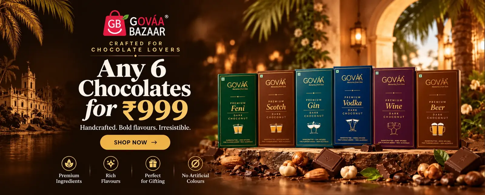GOVAA Bazaar: Any 6 chocolates for ₹999 – Feni, Scotch, Gin, Vodka, Wine and Beer