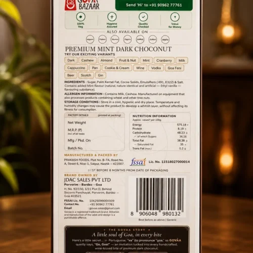 Premium Mint Dark Choconut – back of pack, ingredients and nutrition