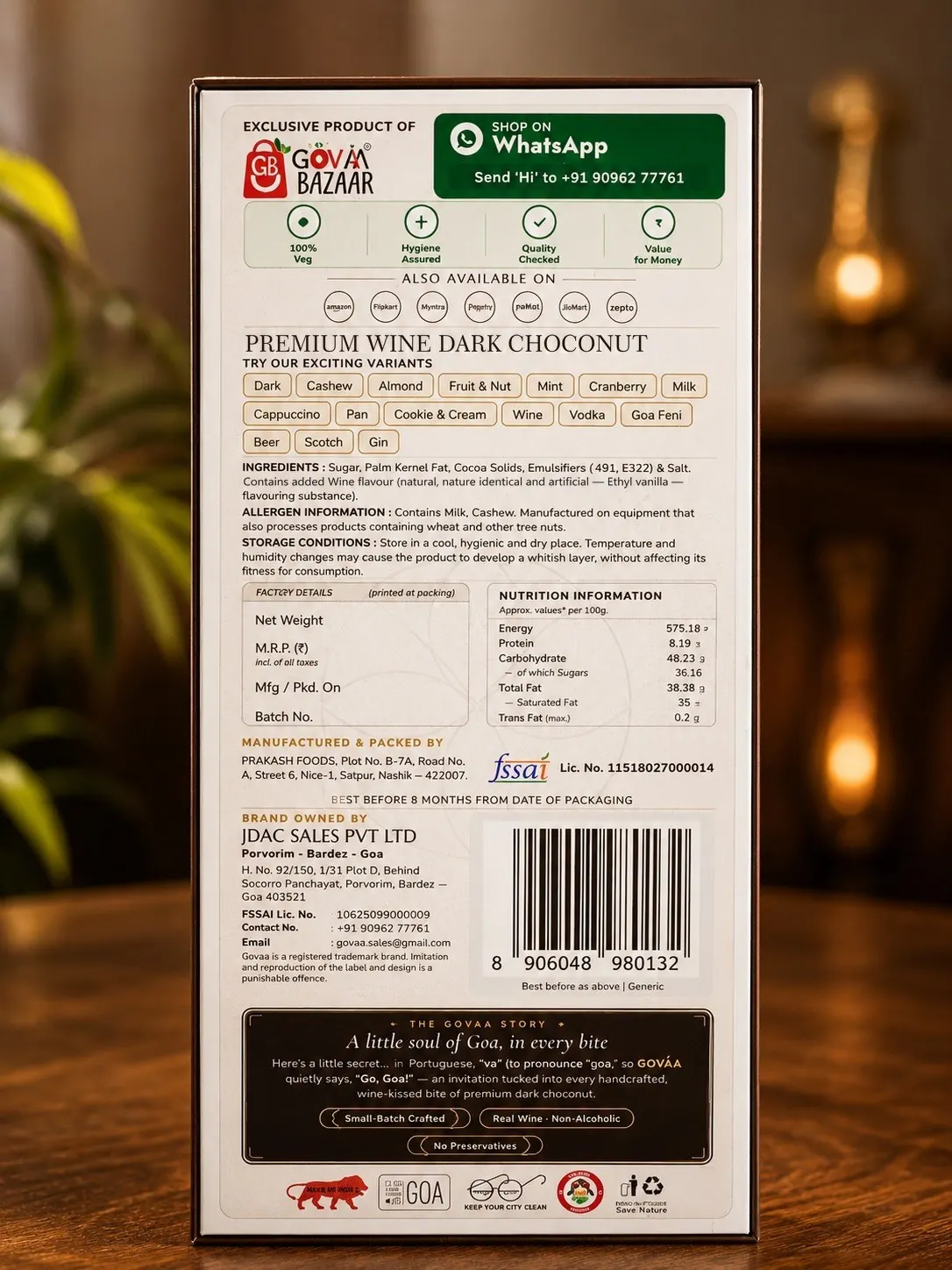 Premium Wine Dark Choconut – back of pack, ingredients and nutrition